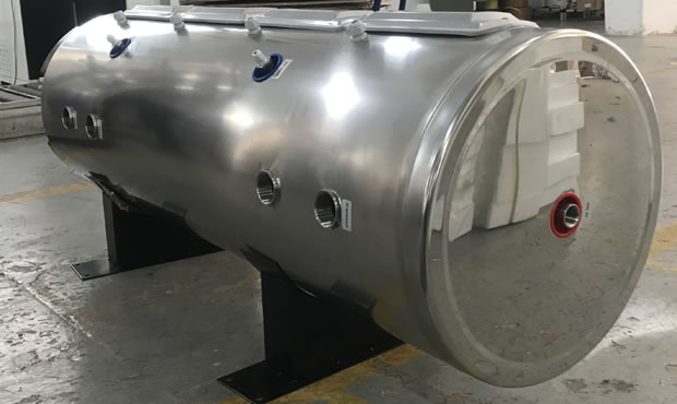 Picture of horizontal stainless steel buffer tank for hydronic heat pump system or chilled water (chiller)