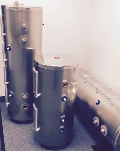 image of stainless steel buffer or backup heat tanks for chiller or hydronic heat pump